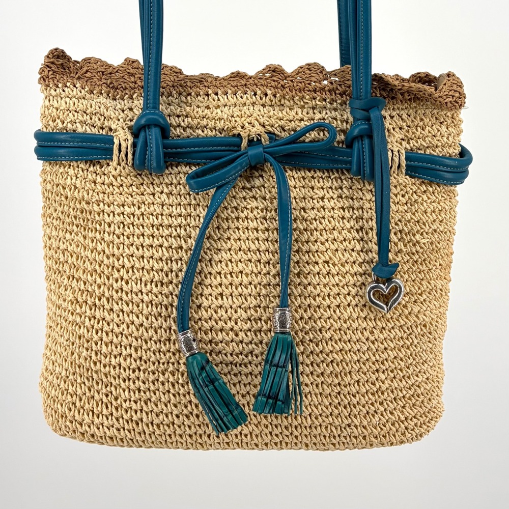 Brighton Straw Tote Bag Medium Turquoise Leather Trim Tassel Heart Charm Coastal